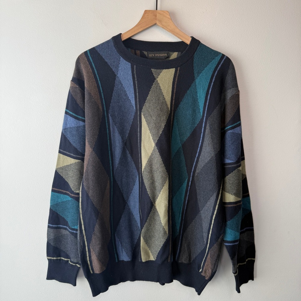 F/X Fusion Men's Geometric Argyle Crewneck Sweater Navy Blue Teal Size X-Large